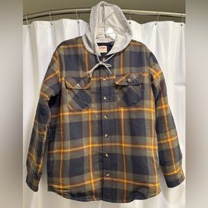 Wrangler 55% Cotton Shirt Jacket Shacket flannel hooded lined Earth Tones Size M